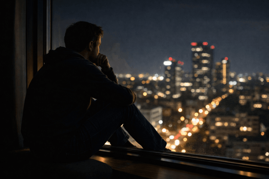 Estrategia de dividendos a largo plazo tomada en silencio mientras el inversor observa la ciudad de noche