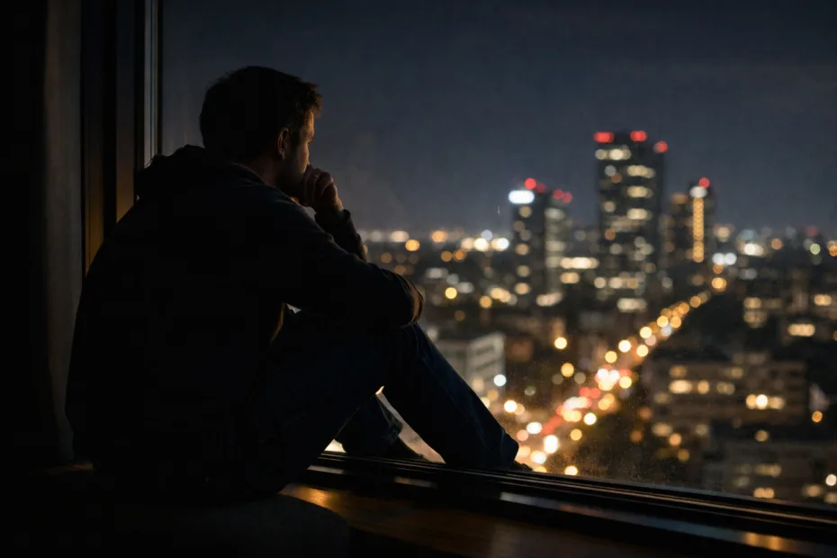 Estrategia de dividendos a largo plazo tomada en silencio mientras el inversor observa la ciudad de noche