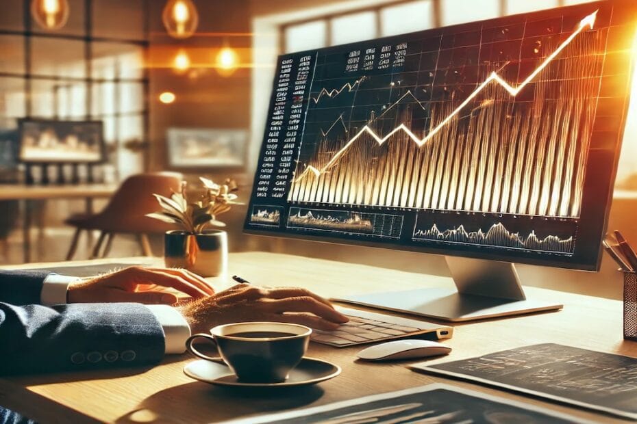 Inversor analizando un gráfico de crecimiento en pantalla, representando estrategias de inversión en bolsa a largo plazo y dividendos.