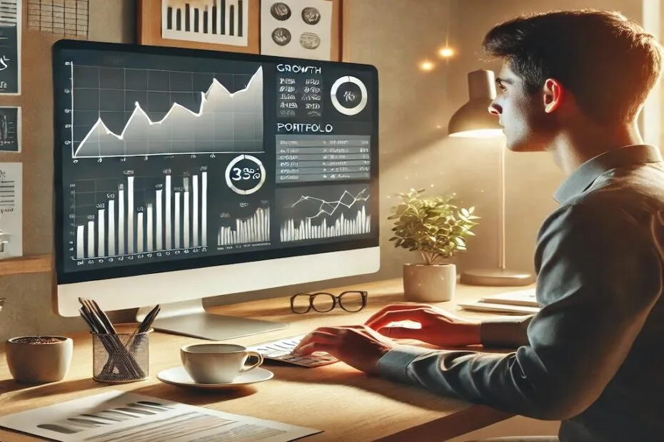 Joven comenzando a invertir y analizando gráficos de crecimiento financiero en su computadora, representando estrategias de inversión a largo plazo.