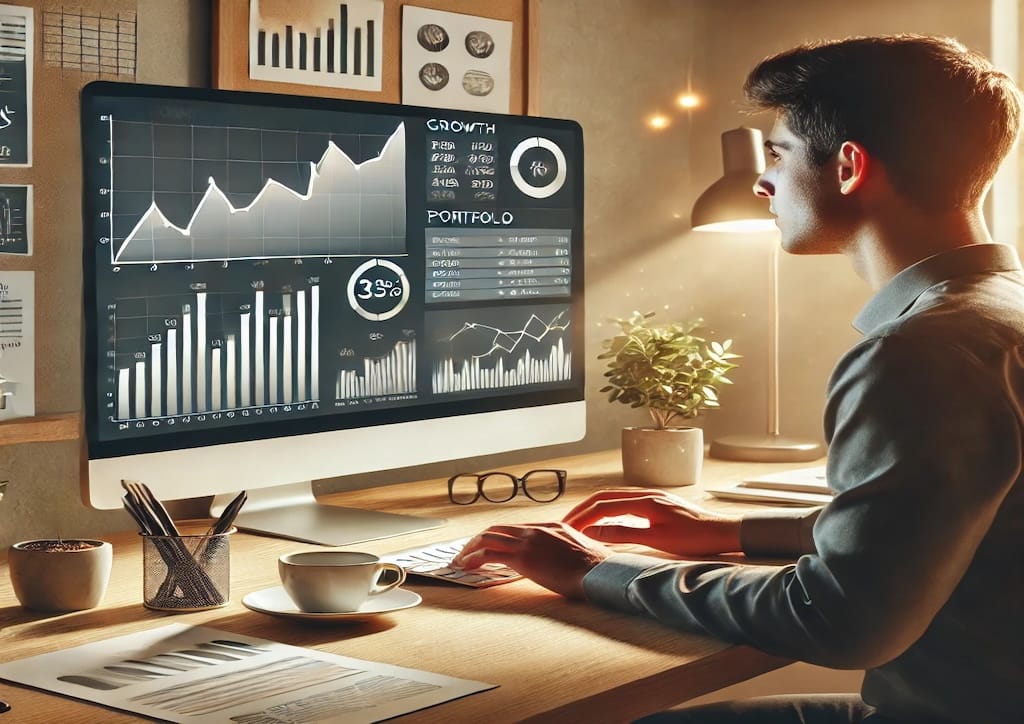 Joven comenzando a invertir y analizando gráficos de crecimiento financiero en su computadora, representando estrategias de inversión a largo plazo.