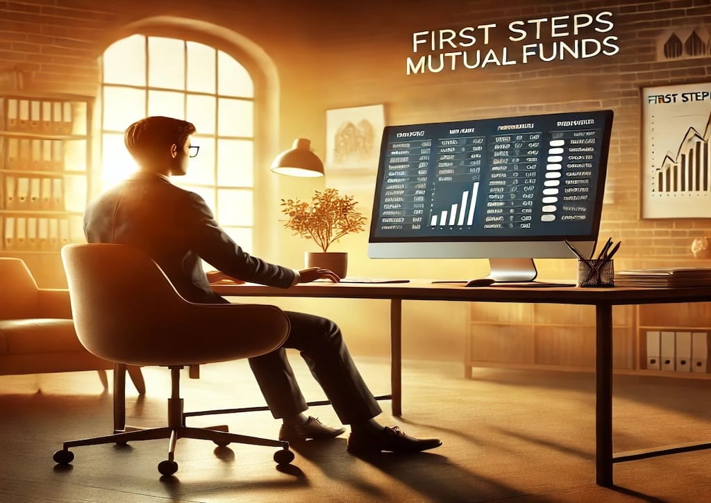 Inversor iniciando en fondos de inversión, revisando opciones en una oficina moderna con gráficos y documentos financieros, simbolizando crecimiento y estabilidad.