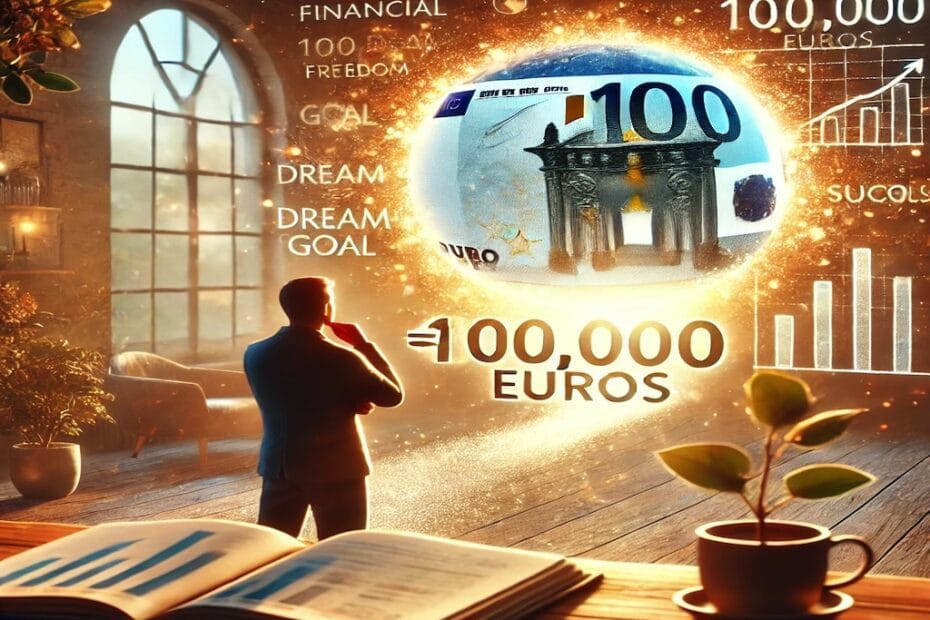Persona visualizando la libertad financiera con un objetivo de 100,000 euros, en una escena cálida y motivadora, simbolizando éxito y progreso.