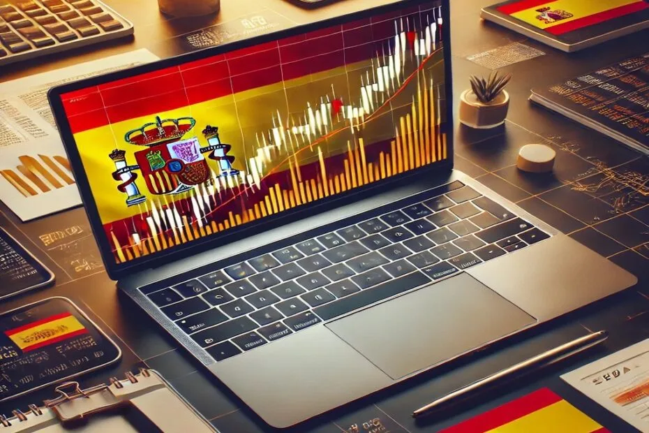 Portada de inversión en el IBEX 35, mostrando una oficina moderna con un gráfico de mercado en pantalla, símbolos de España y elementos financieros en español, reflejando estabilidad y oportunidades de crecimiento en empresas del índice bursátil español.