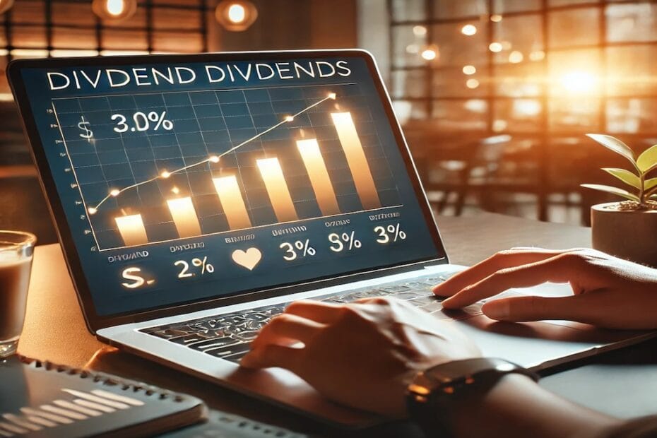 Guía para Comprar Acciones de Dividendos: Persona analizando acciones de dividendos en un laptop, con gráficos financieros y datos de crecimiento.