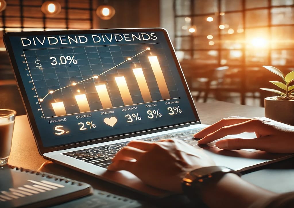 Guía para Comprar Acciones de Dividendos: Persona analizando acciones de dividendos en un laptop, con gráficos financieros y datos de crecimiento.