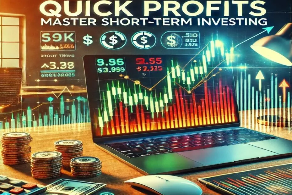 Portada de artículo sobre inversión a corto plazo, mostrando gráficos de acciones en verde y rojo, monedas, y flechas de ganancias rápidas en un escritorio moderno.