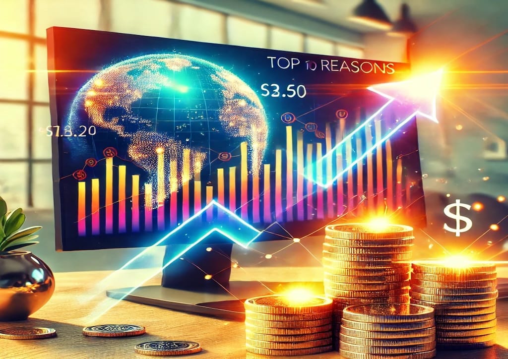 Portada de artículo de blog sobre inversión en empresas que pagan dividendos, mostrando gráficos financieros en pantalla, pilas de monedas simbolizando ingresos pasivos y un gráfico ascendente, destacando las 10 razones para invertir en dividendos.