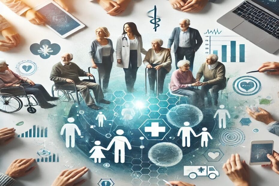 Portada que ilustra los desafíos y oportunidades en el envejecimiento de nuestra sociedad, mostrando personas mayores activas rodeadas de símbolos de salud, tecnología y pensiones, representando una sociedad que busca soluciones innovadoras y sostenibles.