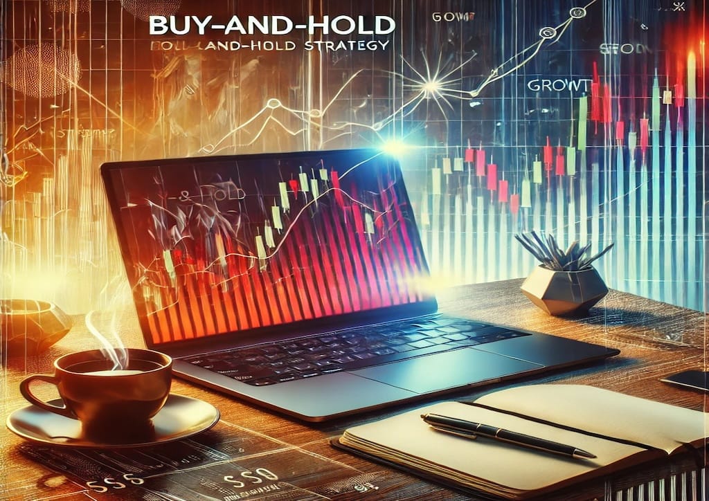 Portada para artículo sobre la estrategia de inversión de comprar y mantener, con escritorio moderno, gráfico de crecimiento en pantalla, y elementos de estabilidad financiera, representando el enfoque en inversión a largo plazo y crecimiento.