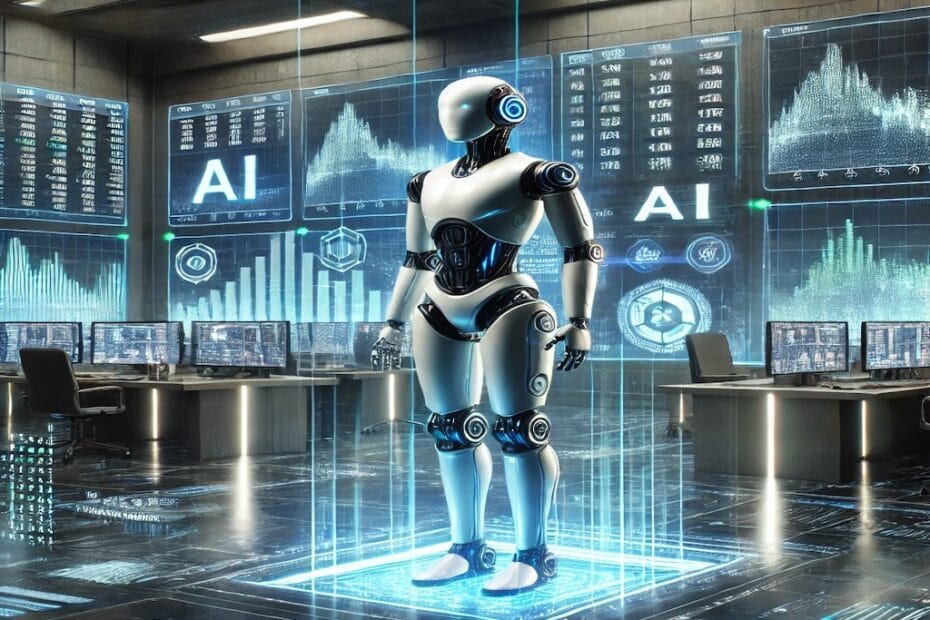 Imagen de robots avanzados en un mercado de valores futurista, analizando gráficos de precios y datos financieros en pantallas digitales. Simboliza la automatización y el impacto de la inteligencia artificial en el trading de acciones.