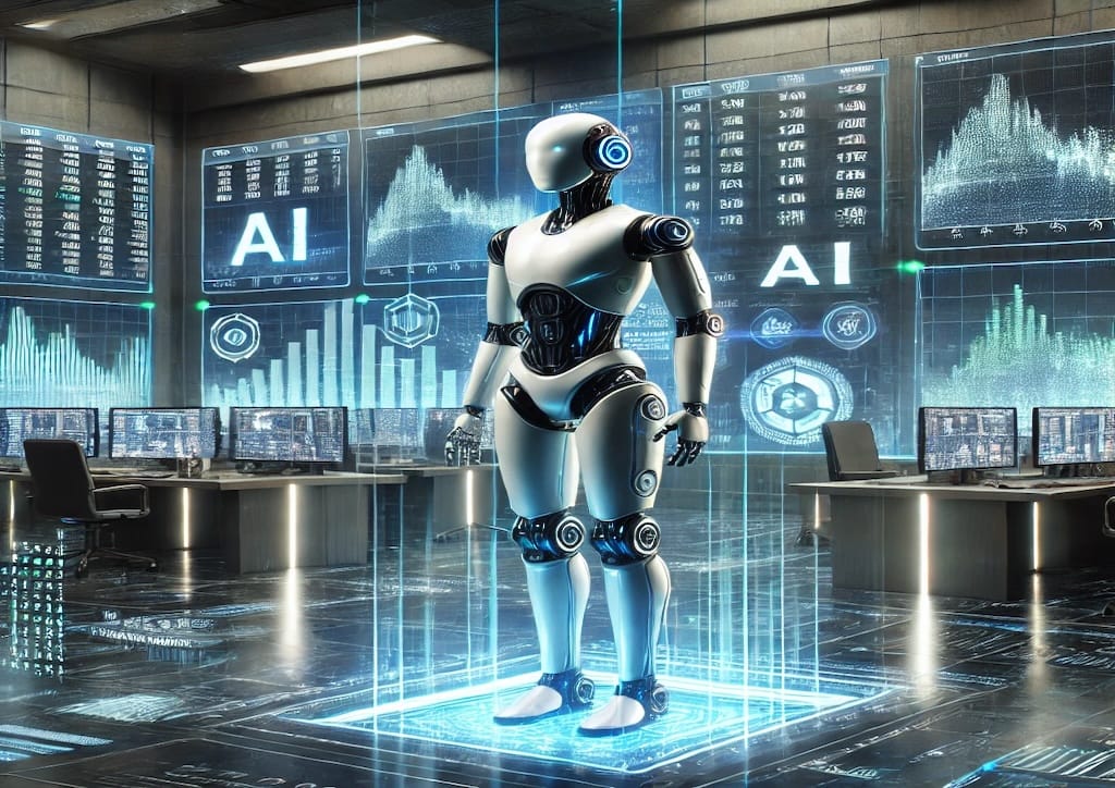 Imagen de robots avanzados en un mercado de valores futurista, analizando gráficos de precios y datos financieros en pantallas digitales. Simboliza la automatización y el impacto de la inteligencia artificial en el trading de acciones.