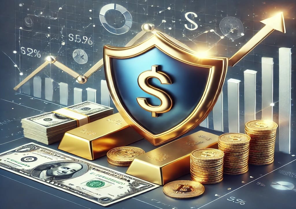 Imagen que representa la protección financiera contra la inflación, con un escudo rodeando símbolos de dinero como billetes, monedas y un lingote de oro, junto a una gráfica ascendente. La imagen refleja la seguridad en inversiones como bienes raíces, metales preciosos y cuentas de ahorro en un contexto de aumento de precios.