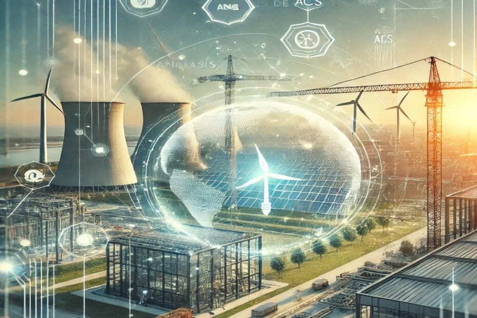 Portada del artículo Análisis de ACS, destacando un sitio de construcción, un parque eólico y elementos futuristas que simbolizan innovación y sostenibilidad.