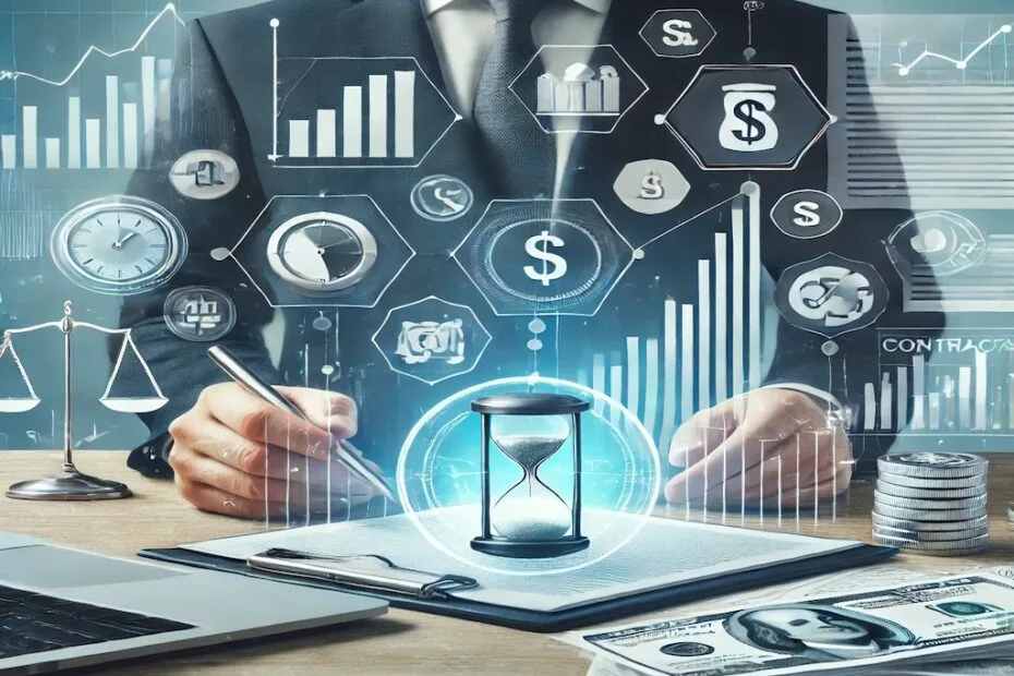 Imagen profesional que representa futuros y opciones en finanzas, con gráficos financieros, un contrato y elementos simbólicos de compra y venta.