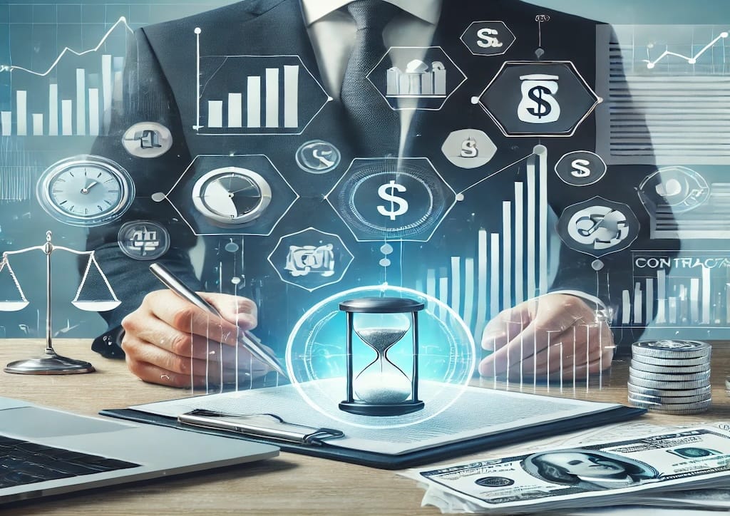 Imagen profesional que representa futuros y opciones en finanzas, con gráficos financieros, un contrato y elementos simbólicos de compra y venta.