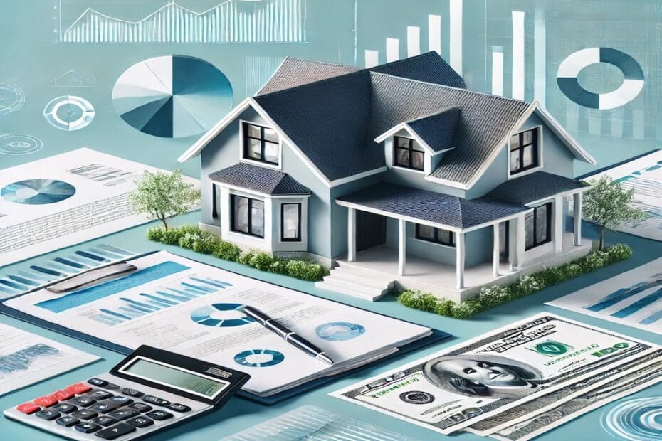 Imagen representativa de la inversión en bienes raíces: una casa moderna, gráficos financieros y documentos que simbolizan estabilidad y planificación.