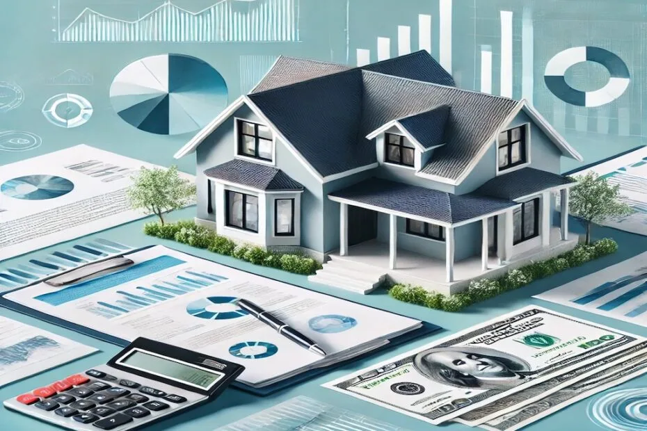 Imagen representativa de la inversión en bienes raíces: una casa moderna, gráficos financieros y documentos que simbolizan estabilidad y planificación.