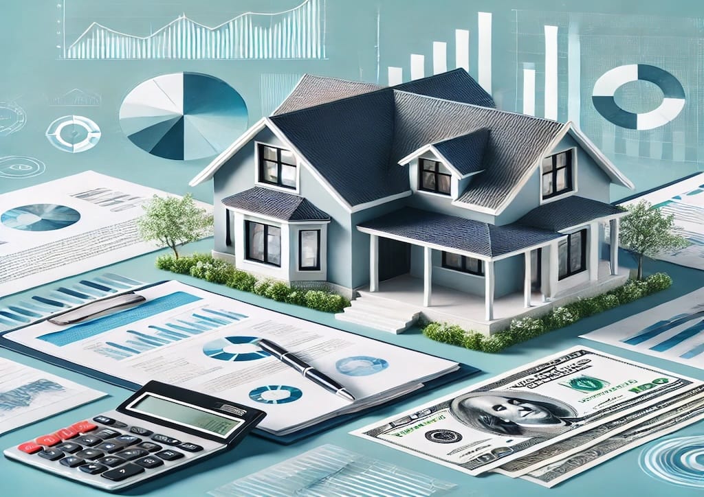 Imagen representativa de la inversión en bienes raíces: una casa moderna, gráficos financieros y documentos que simbolizan estabilidad y planificación.