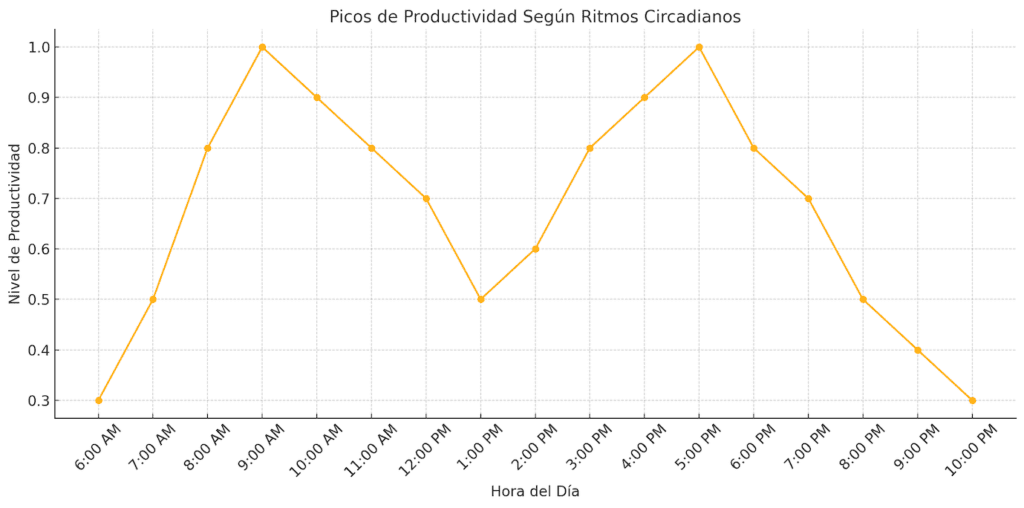 Gráfico que muestra los picos de productividad durante el día según los ritmos circadianos, con niveles máximos en la mañana y la tarde.