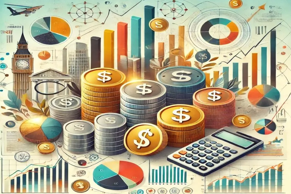 Gráficos y elementos financieros que representan los diferentes tipos de capital de inversión, incluyendo monedas, billetes y documentos empresariales.