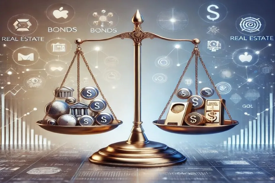 Representación visual de diversificación de cartera de inversiones, con activos como acciones, bonos, bienes raíces y oro equilibrados en una balanza.