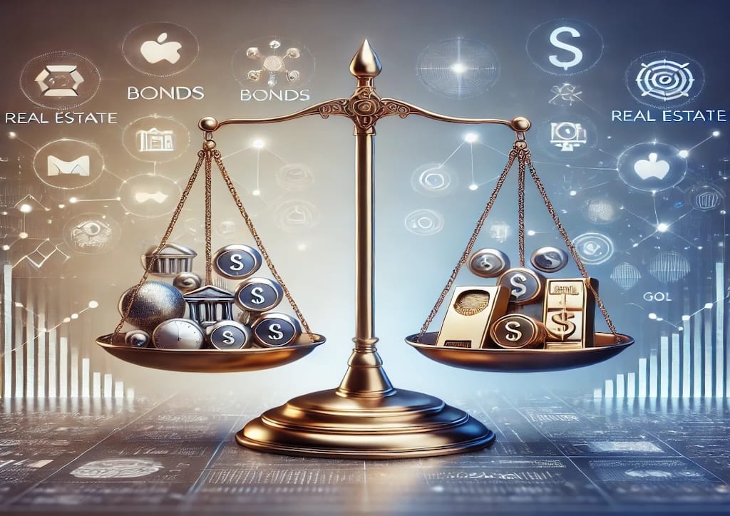 Representación visual de diversificación de cartera de inversiones, con activos como acciones, bonos, bienes raíces y oro equilibrados en una balanza.
