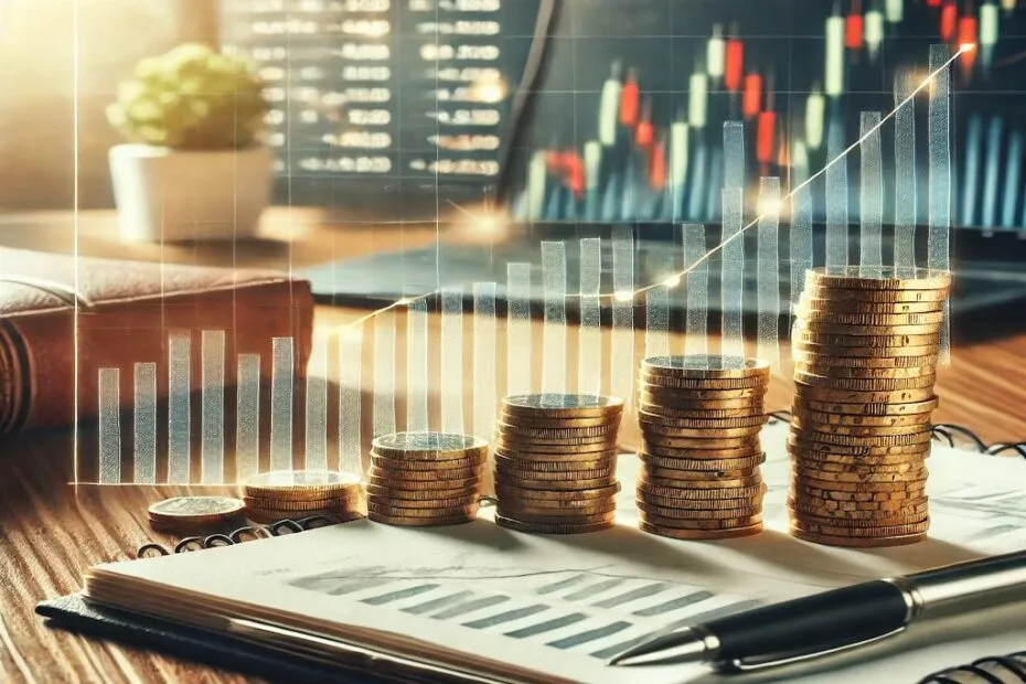 Invertir 1000 euros con inteligencia representado mediante monedas apiladas y gráficos financieros en un escritorio.