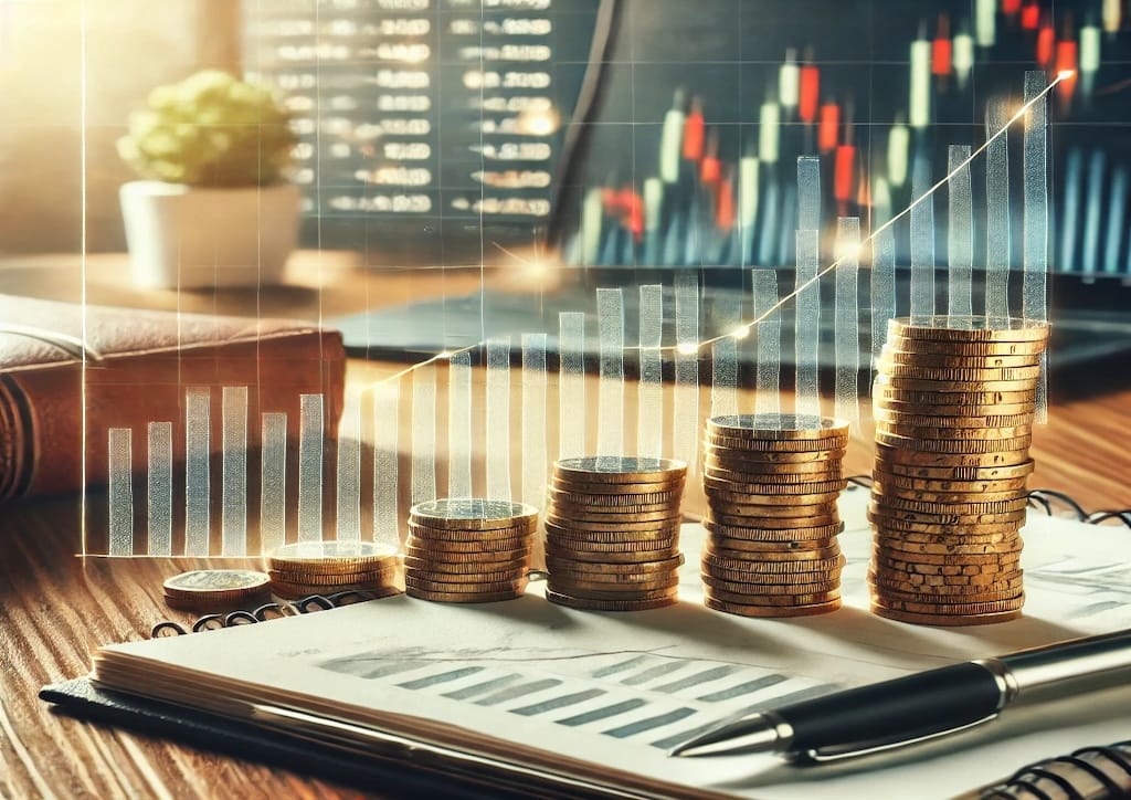 Invertir 1000 euros con inteligencia representado mediante monedas apiladas y gráficos financieros en un escritorio.