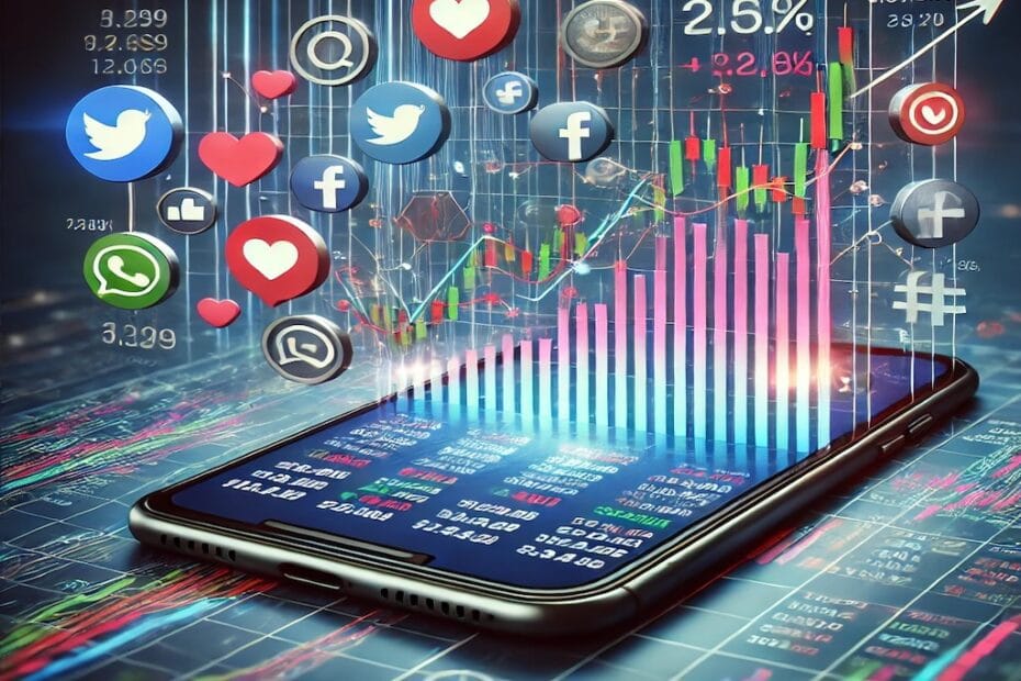 Smartphone con gráficos financieros y redes sociales que simbolizan la influencia de influencers en accione y en el mercado de valores.