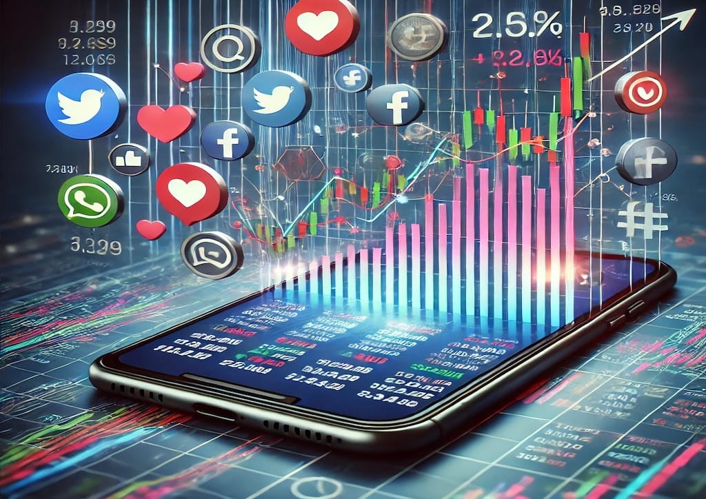 Smartphone con gráficos financieros y redes sociales que simbolizan la influencia de influencers en accione y en el mercado de valores.
