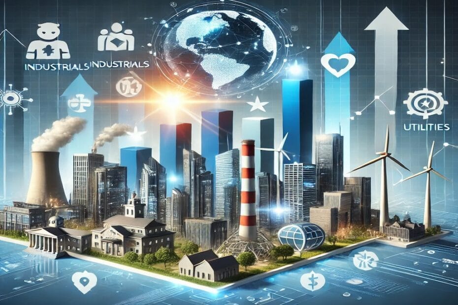 Ilustración moderna de sectores de inversión con íconos sectoriales y gráficos financieros, destacando oportunidades globales en el mercado.