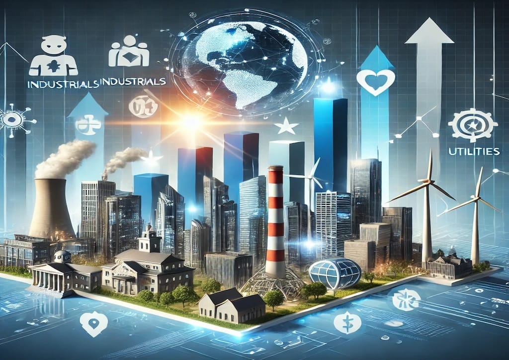 Ilustración moderna de sectores de inversión con íconos sectoriales y gráficos financieros, destacando oportunidades globales en el mercado.