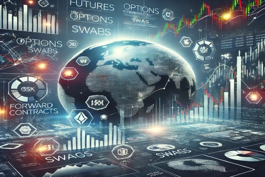 Representación moderna de derivados financieros con gráficos y estrategias globales.