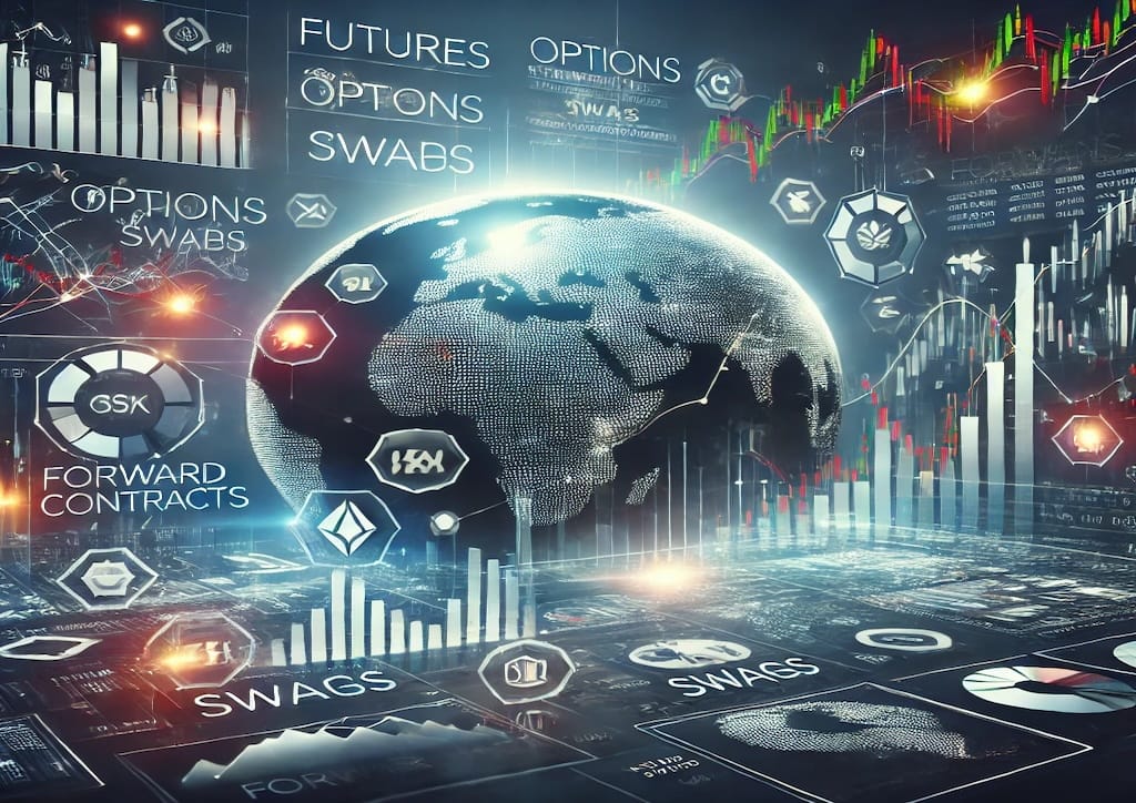 Representación moderna de derivados financieros con gráficos y estrategias globales.
