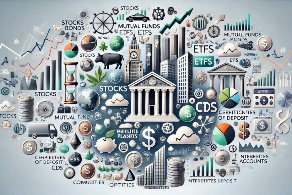 Representación visual de diferentes tipos de inversión, desde acciones hasta bienes raíces, con gráficos y símbolos financieros globales.