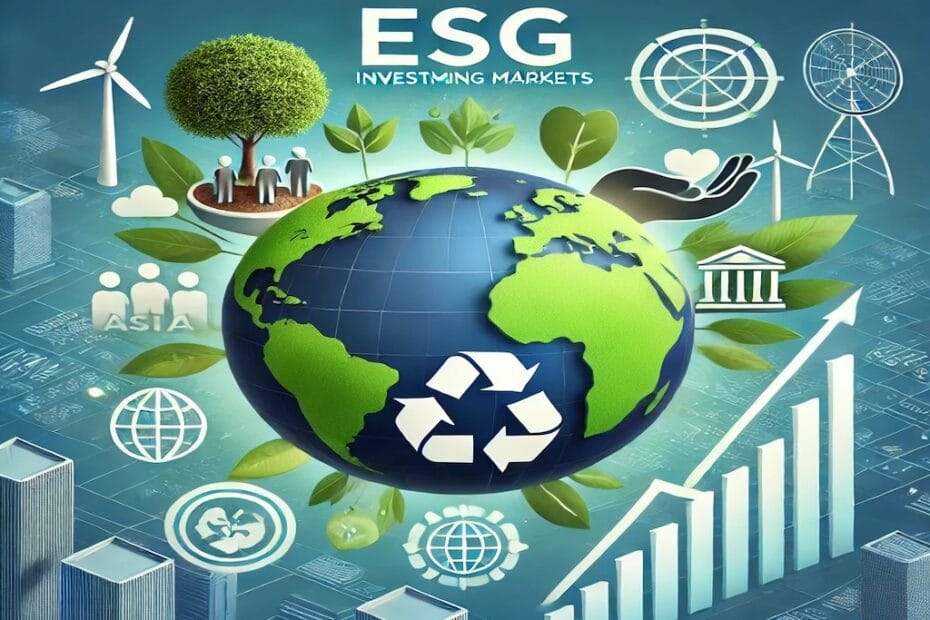 Imagen que representa la inversión ESG en mercados emergentes, destacando Asia, África y América Latina, con iconos de sostenibilidad ambiental, impacto social y gobernanza, y un gráfico de crecimiento.