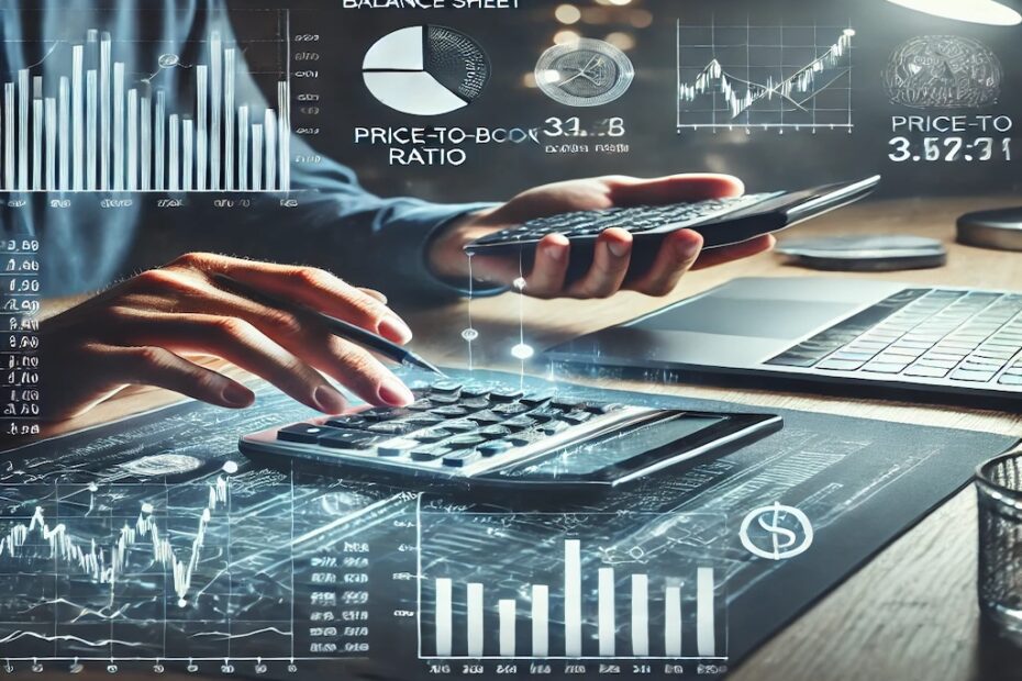 Analista de mercado revisando ratios financieros y el precio valor-contable en una pantalla, con gráficos y balance financiero.