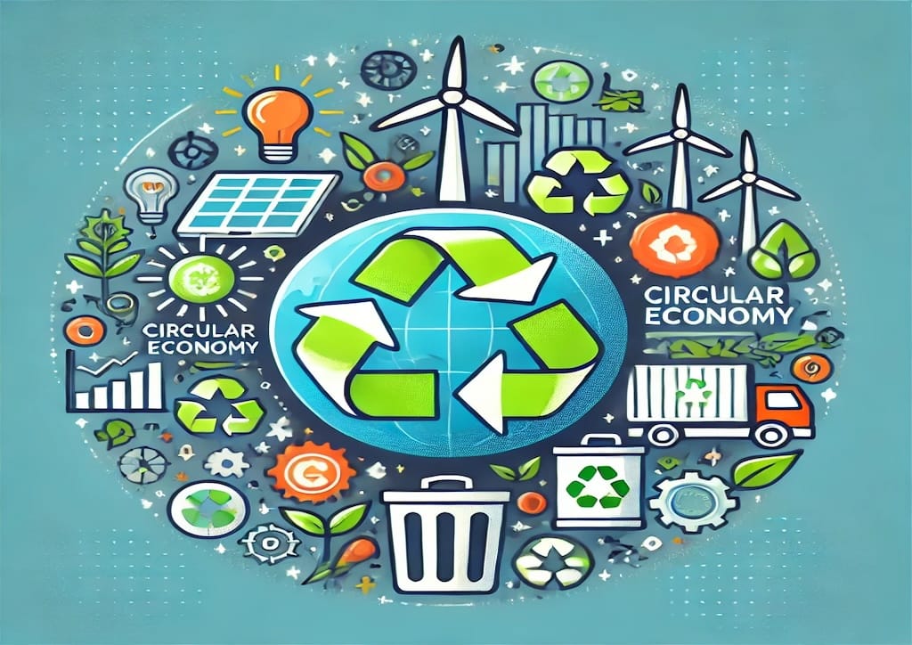 Ilustración de oportunidades de inversión en economía circular con un globo rodeado por iconos de reciclaje, energías renovables y tecnología verde.
