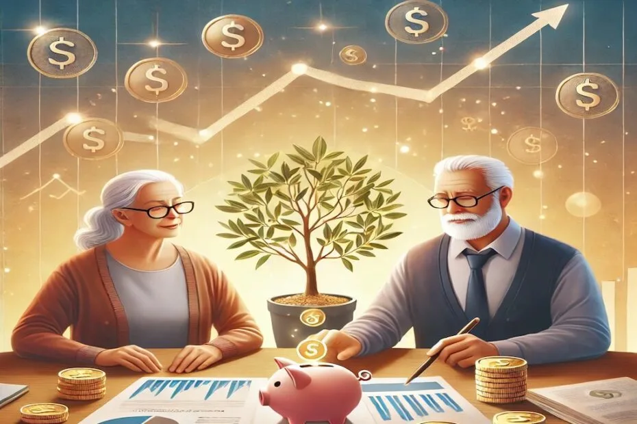 Ilustración de una pareja planificando su jubilación, revisando gráficos financieros, rodeada de símbolos de inversión y seguridad financiera.