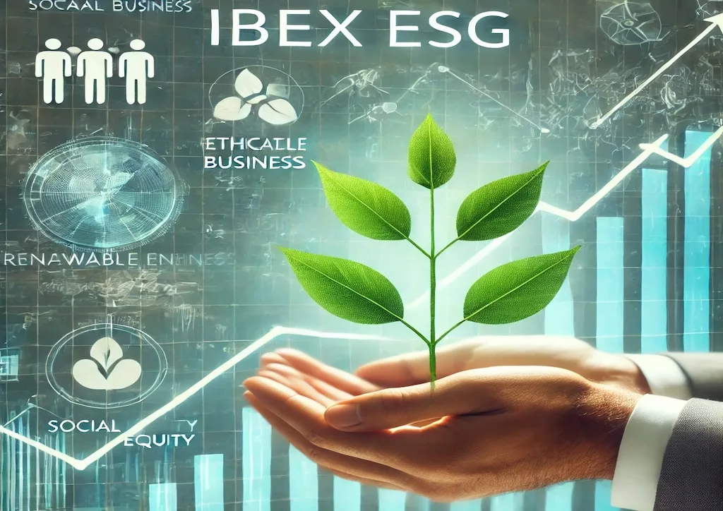 Portada principal que representa las empresas del IBEX ESG con un gráfico financiero y elementos de sostenibilidad, como hojas verdes y energías renovables.