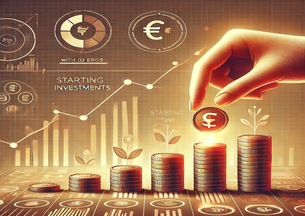 Cómo empezar a invertir con 100 euros: ilustración que muestra una mano colocando una moneda en una pila creciente, simbolizando inversión inicial.