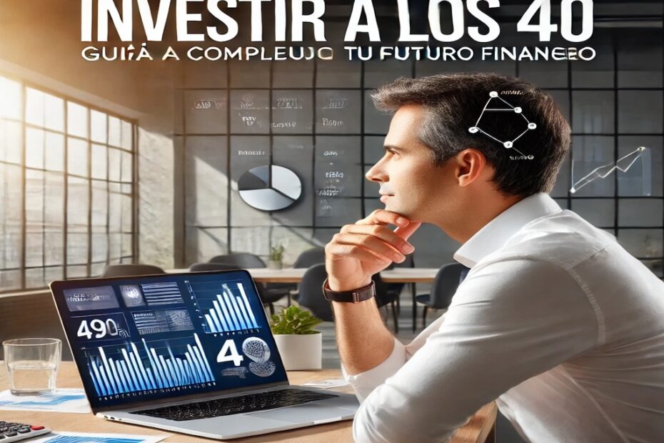 Portada ilustrativa que muestra a una persona de 40 años planificando su inversión, con gráficos en una pantalla de laptop, simbolizando estrategias financieras y crecimiento a largo plazo.