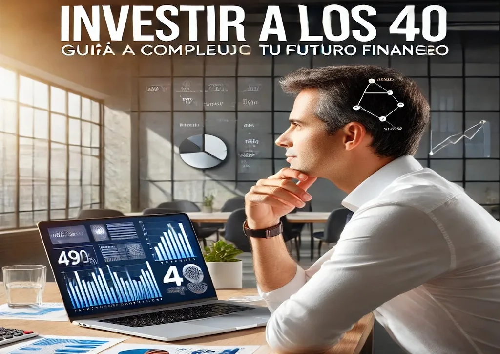 Portada ilustrativa que muestra a una persona de 40 años planificando su inversión, con gráficos en una pantalla de laptop, simbolizando estrategias financieras y crecimiento a largo plazo.