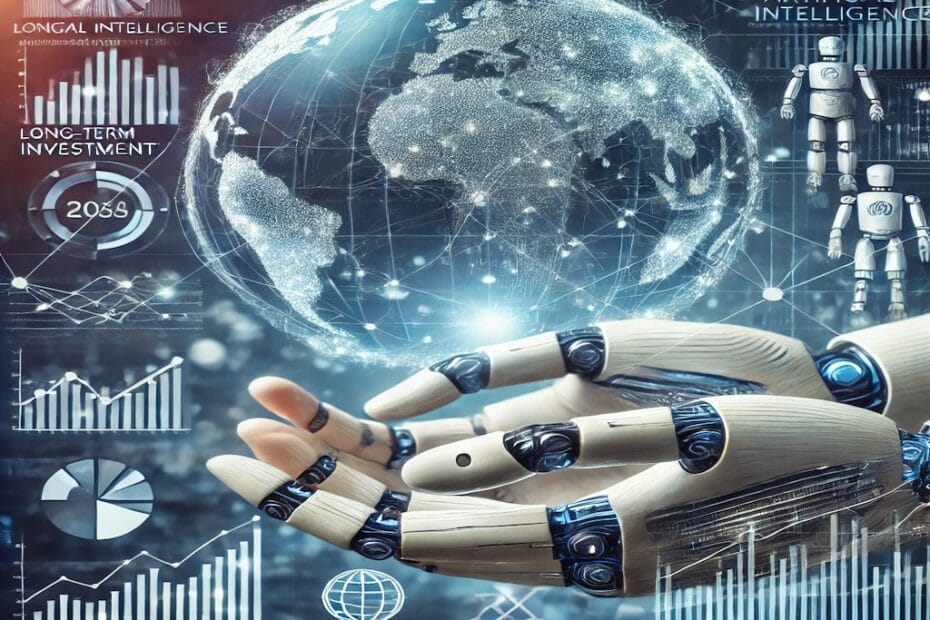 Una imagen profesional que representa la inteligencia artificial aplicada a la inversión a largo plazo. Incluye gráficos financieros futuristas, datos digitales, y manos robóticas interactuando con un globo terráqueo que simboliza inversiones globales.