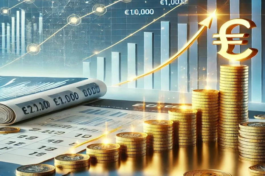 Imagen que representa el camino hacia alcanzar un millón de euros con inversiones mensuales. Incluye gráficos financieros ascendentes, monedas apiladas y un símbolo dorado de un millón de euros, evocando planificación y éxito financiero.