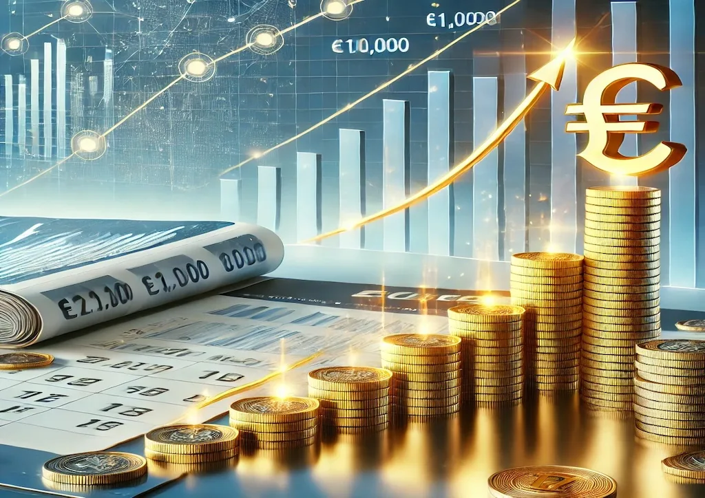 Imagen que representa el camino hacia alcanzar un millón de euros con inversiones mensuales. Incluye gráficos financieros ascendentes, monedas apiladas y un símbolo dorado de un millón de euros, evocando planificación y éxito financiero.