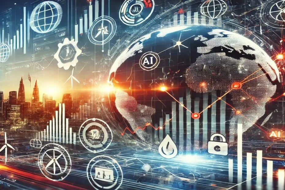 Análisis semanal de mercados: gráficos financieros con tendencias tecnológicas y energéticas en un contexto global.