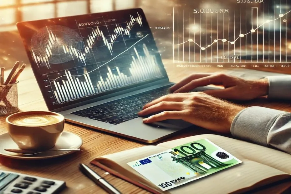 Cómo invertir con 500 euros al mes. Persona revisando gráficos financieros en una computadora mientras planifica su inversión mensual.