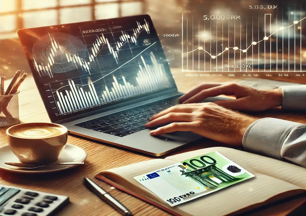 Cómo invertir con 500 euros al mes. Persona revisando gráficos financieros en una computadora mientras planifica su inversión mensual.